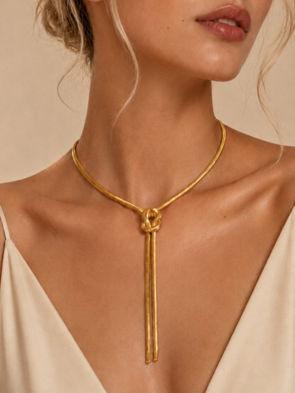 ✨ Gold-Tone Knot Lariat Necklace Y Drop Snake Chain Statement